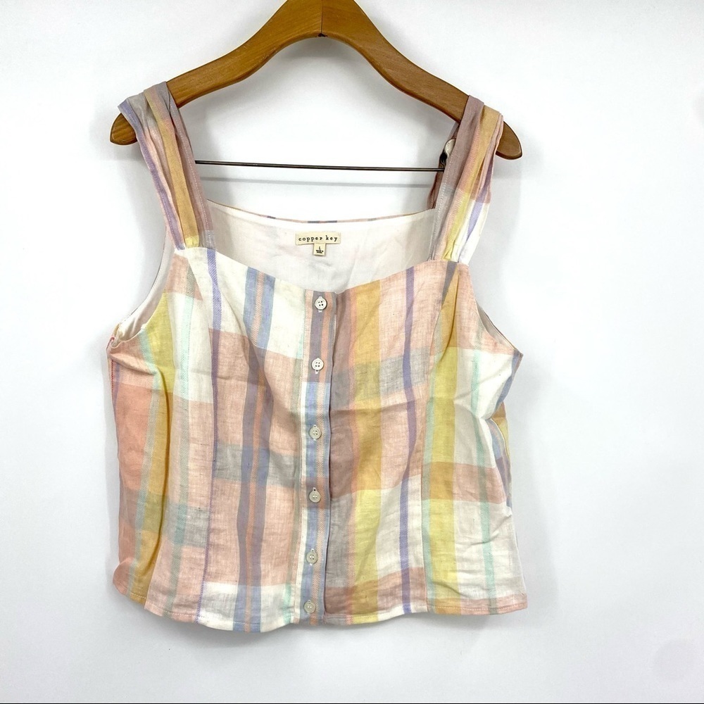 Copper Key linen plaid button front crop top L